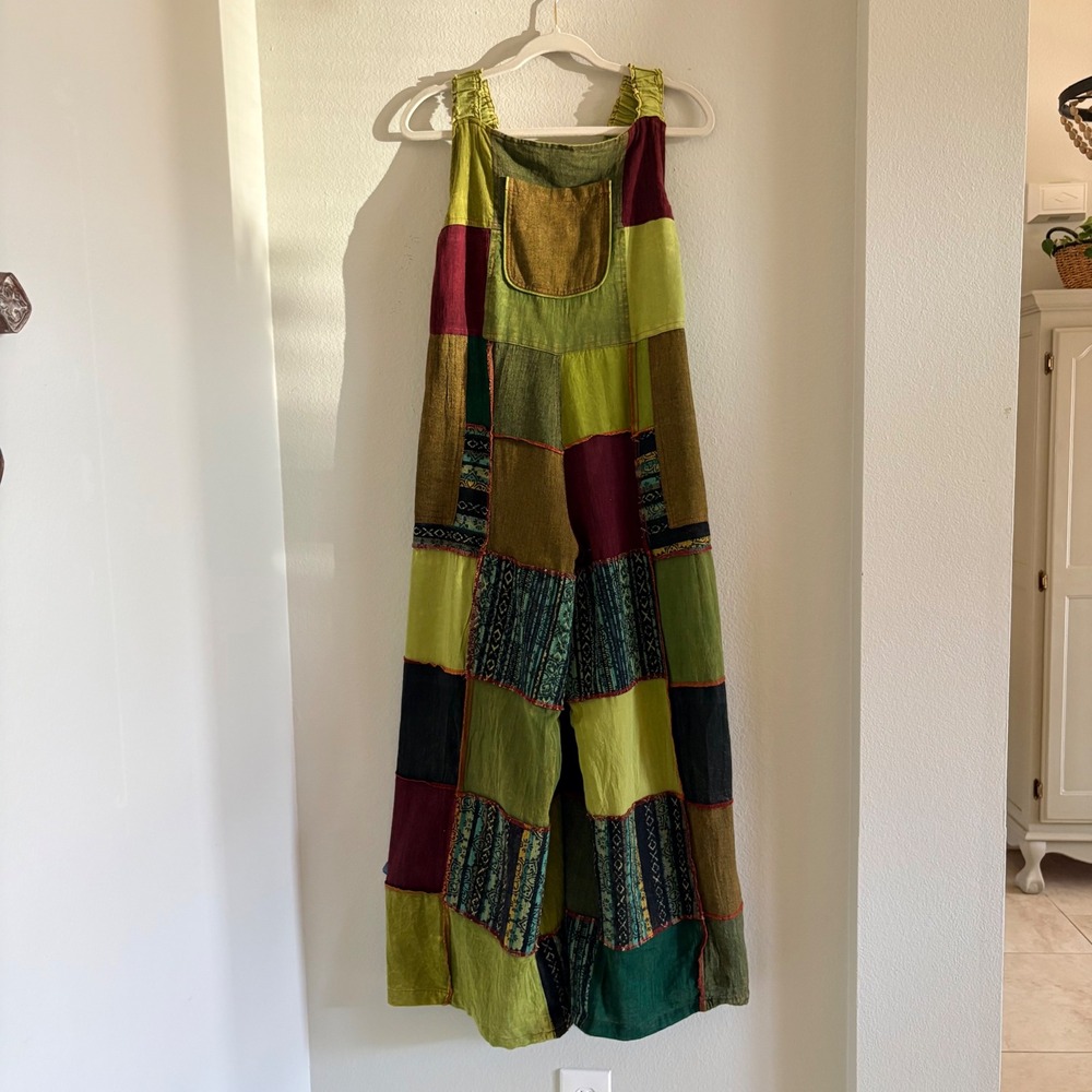 Karma Nepal Patchwork Cotton Jumpsuit Womens Plus Green Boho Wide Leg Overalls